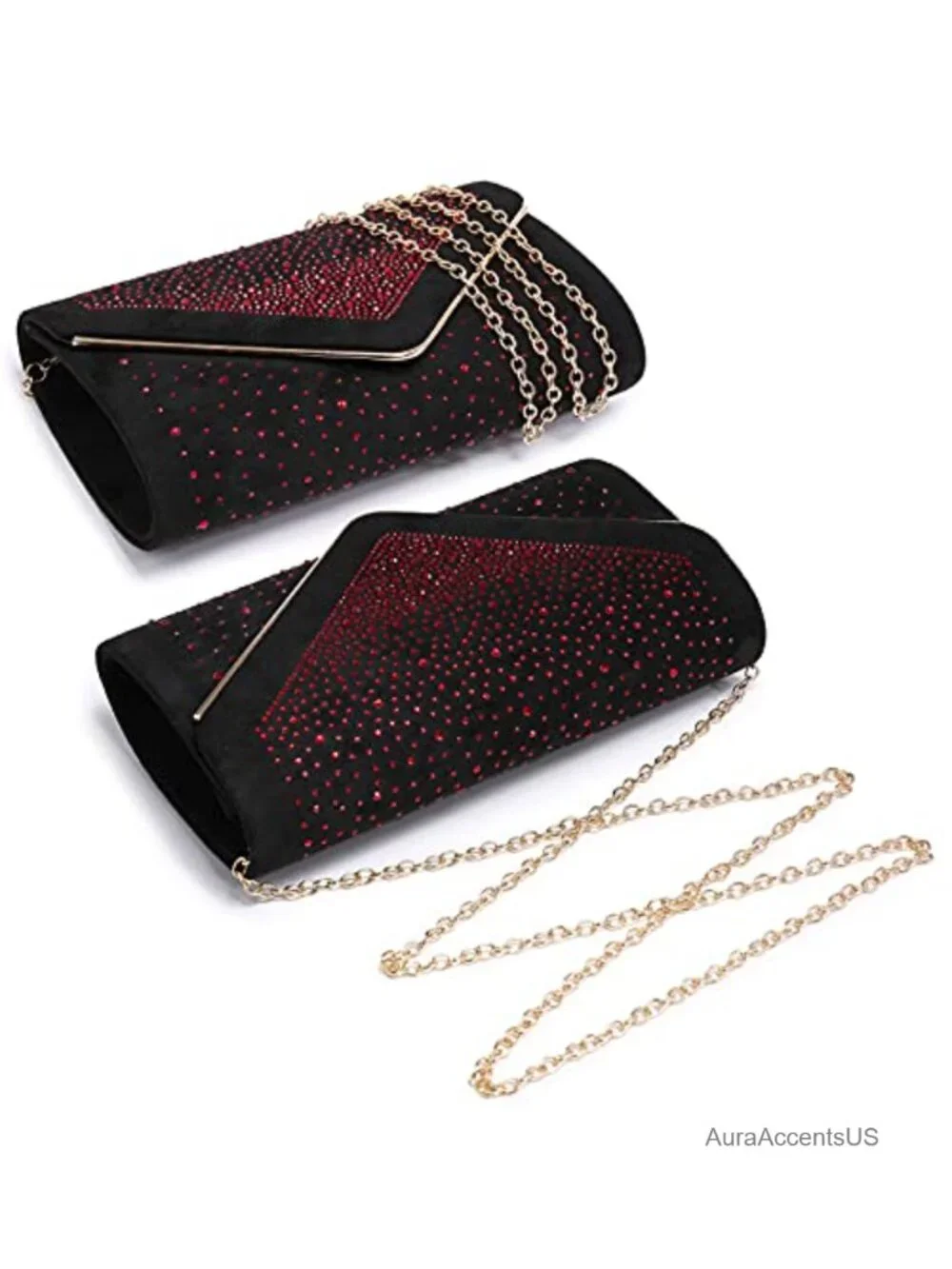 Faux Suede Clutch with Rhinestones Detachable Chain Strap